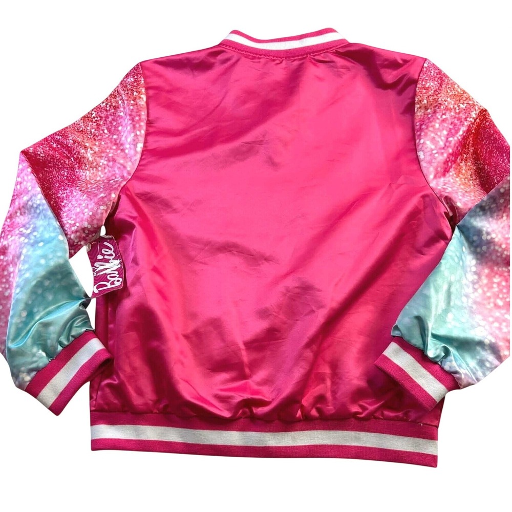 Barbie Girls Pink Varsity Bomber Jacket Glitter Ombre Sleeves Size 14/16 NWT - Picture 7 of 7